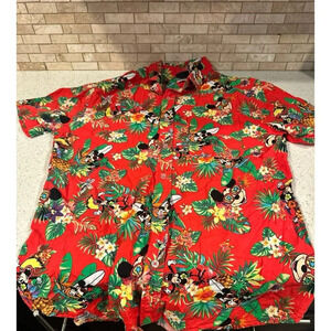 Disney Mickey Mouse Size L Red Floral‎ Tropical Hawaiian Shirt Red Multicolor g6